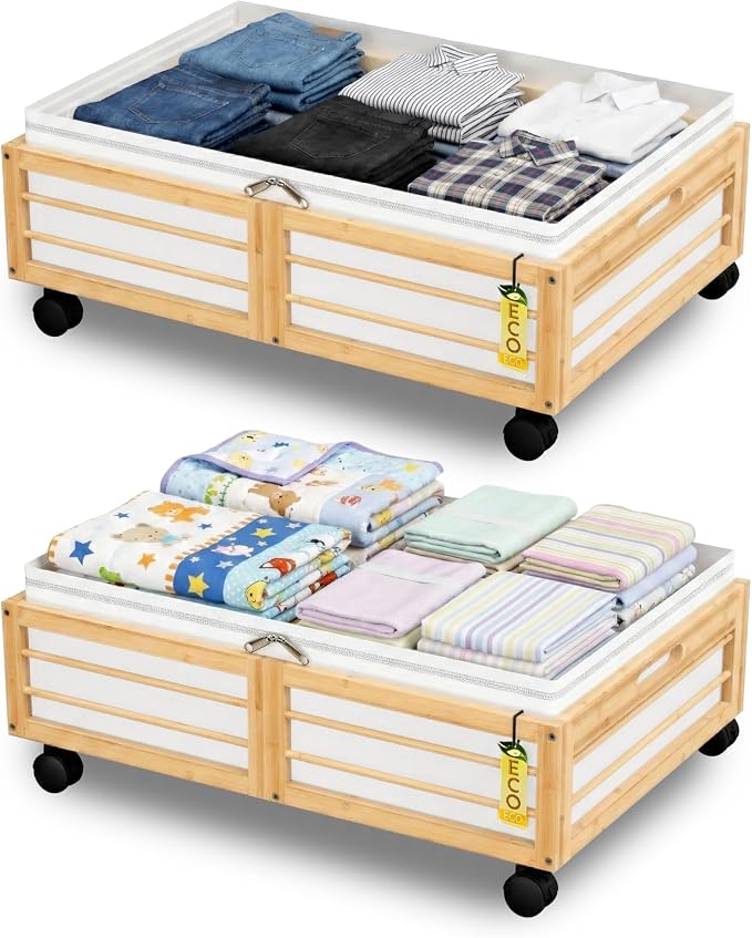 Under Bed Storage Containers with Wheels, Larger Bamboo Wood Under Furniture Storage Containers with Dust Bags，Rolling for Shoes Clothes
