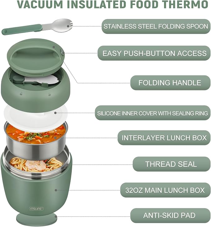 Thermo Food Jar for Hot Food Adults 32OZ Soup Thermo Lunch Containers Wide Mouth Vacuum Insulated Stainless Steel Leakproof Bento Box with Spoon (NEW-GREEN)