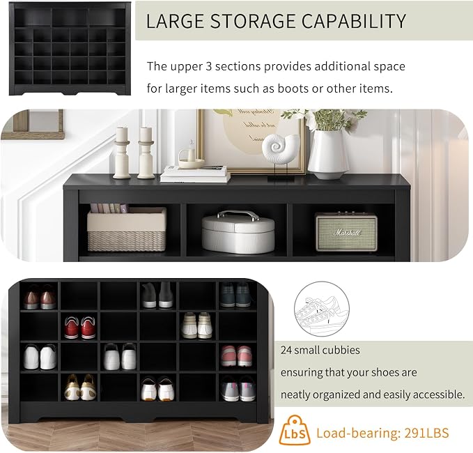 Harper & Bright Designs Sleek Design 24 Shoe Cubby Console, Modern Shoe Cabinet with Curved Base, Versatile Sideboard for Hallway, Bedroom, Living Room, Black