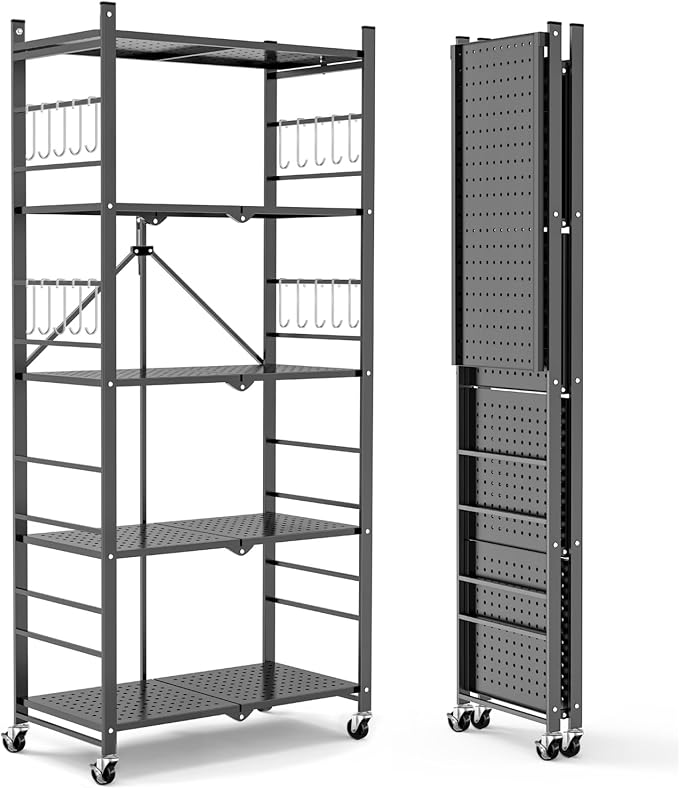 Himix Storage Shelves with 20 Hooks, 5-Tier Foldable Shelves for Storage, Folding Shelf Unit Pantry Shelves Bookshelf with Wheels, Vendor Display Racks for Craft Shows, Home, Grey - No Assembly