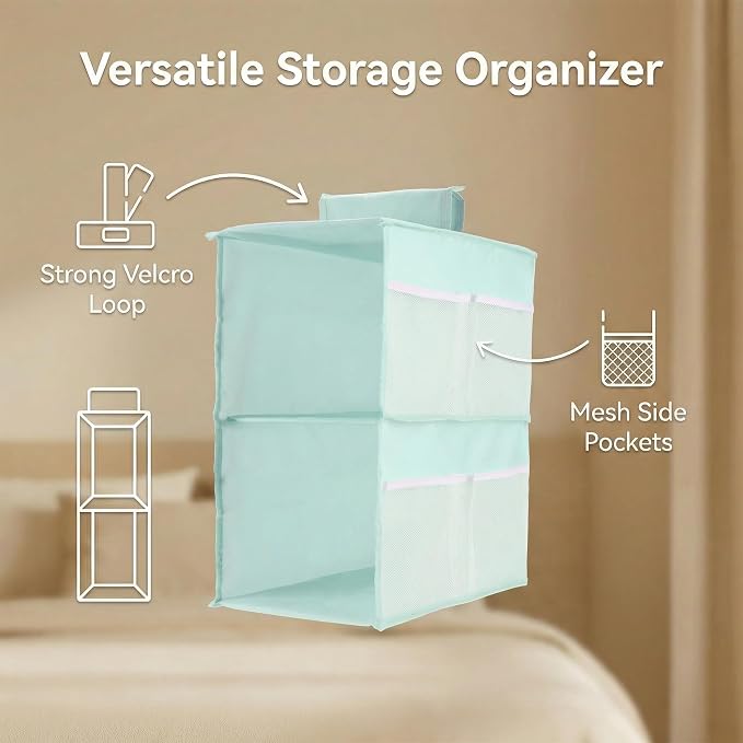 2-Shelf Closet Hanging Organizer Foldable Hanging Storage Shelves with Strong Magic Tapes Space-Saving Wardrobe Hanging Shelf for Clothes Towels Accessories Blue