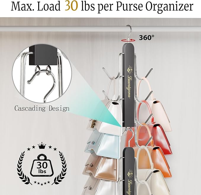 Purse Hanger, 2 Pack Purse Organizer for Closet with 16 Hooks for Heavy Bags, Sturdy Bag Storage, Rotatable Handbag Holder, Purse Rack Space Saving Backpack Hanging Closet Organizer Hangers, Black