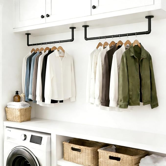 Svyrilk 2 Pack 38.4" Industrial Pipe Clothes Rack | Wall Mounted Heavy Duty Iron Hanging Rod for Closet Storage, Laundry Room, Bedroom, Black