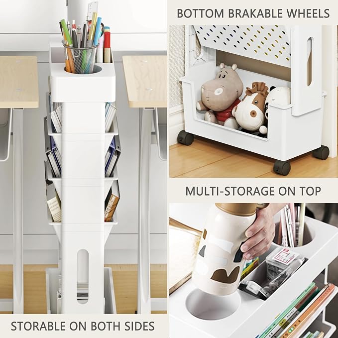 5-Tier Rolling Bookshelf Magazine Rack with Wheels Light Pink | Mobile Bookcase, Book Storage File Folder Organizer Cart for Home Study Office Living Room Classroom