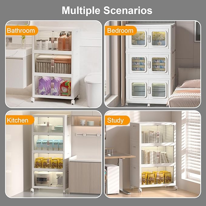 Stackable Storage Bins with Lids, Collapsible Storage Boxes, Foldable Plastic Storage Drawers for Bedroom,Office, Dorm (6, White, M)