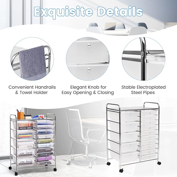 LUARANE Rolling Cart with 15 Drawers, Craft Storage Cart with Portable Handles & Lockable Wheels, Mobile Toys Organizer, Large Capacity Utility Drawer Cart Home Office School Teacher (Clear)