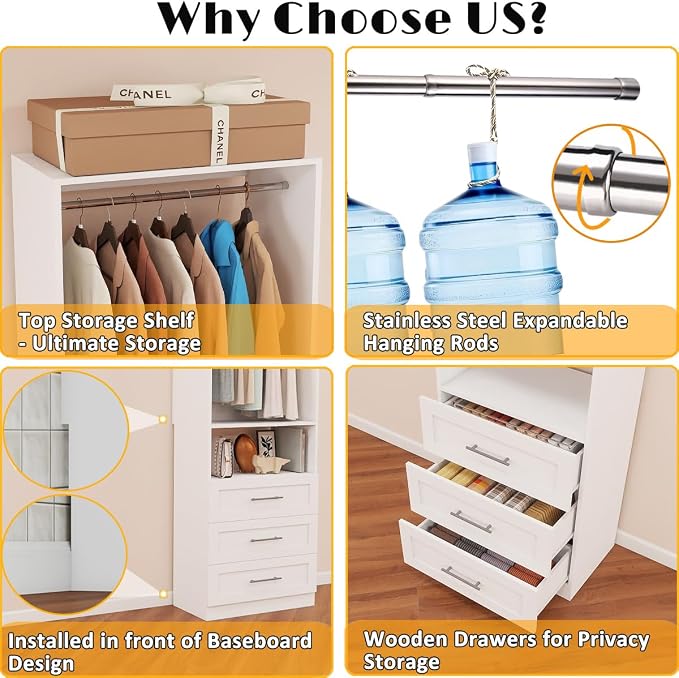 Closet System with 12 Drawers, 8FT-21FT Closet Organizer System Wooden Walk-in Closet Shelf Corner Small Closets Storage System with 8 Hanging Rods Modular Freestanding White, 3Sets