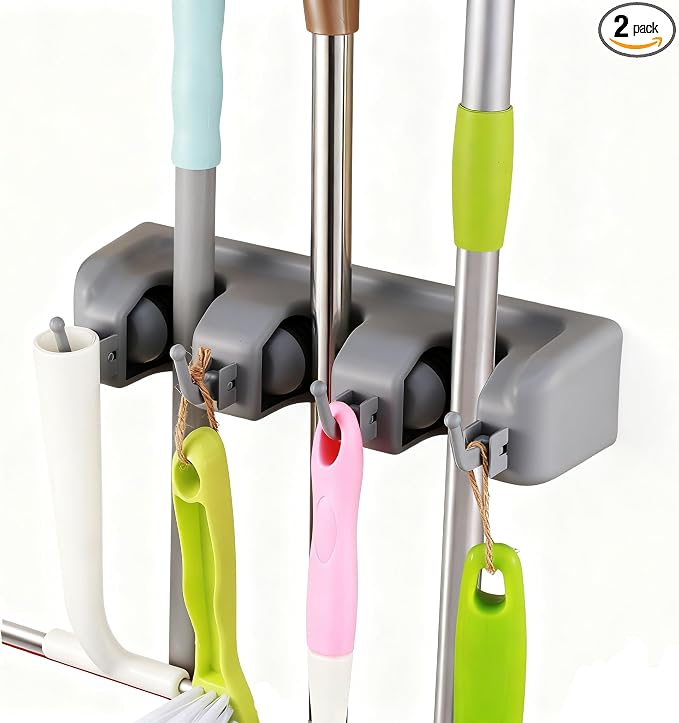TOGU 2 Pack Mop and Broom Holder Wall Mounted 3 Position Storage Rack with 4 Retractable Hooks Holds up to 7 Tools Utility Weatherproof Holder for Garage Storage Systems Broom Organizer,Gray