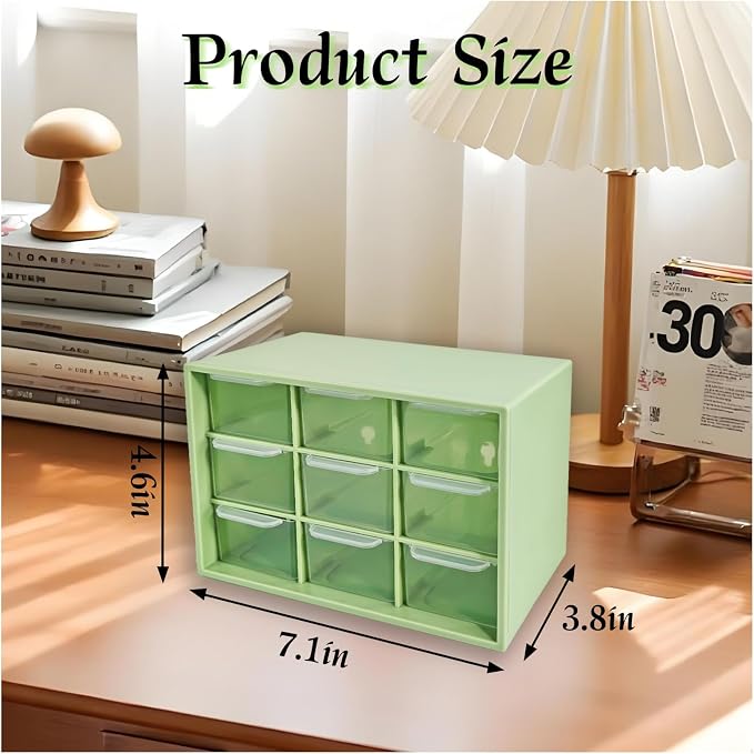 Small Drawer Organizer for Desk, 7.1" x 3.8" x 4.6" Mini Desktop Drawer Organizer with 9 Clear Drawers, Compact Craft & Office Supplies Organizer for Home School (Green)