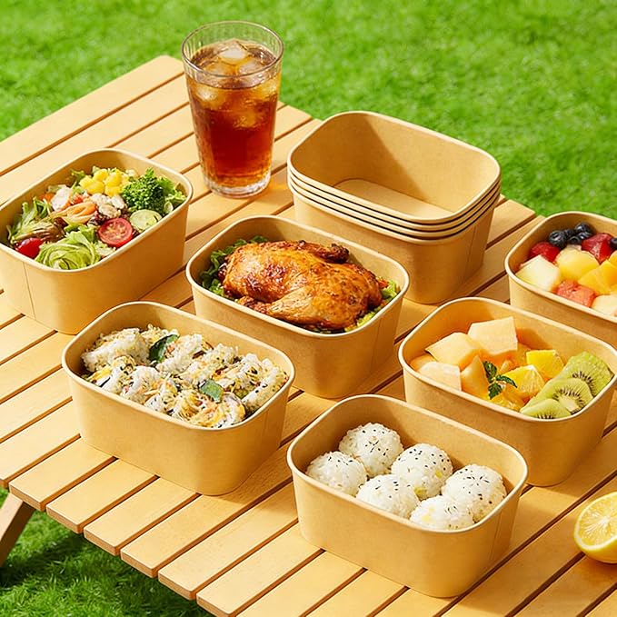 25 Pack 29oz Disposable Kraft Paper Bowls with Lids and Forks, Meal Prep Containers Disposable Soup Serving Bowls Take Out Containers for Party, Microwave Safe for Hot/Cold Food (Rectangular)