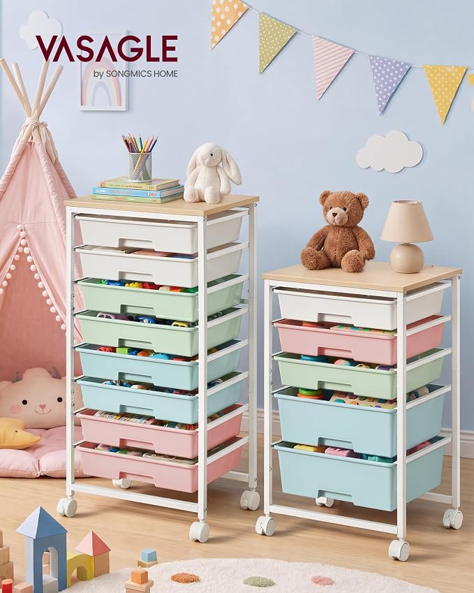 VASAGLE 5-Drawer Rolling Storage Cart, Mobile Organizer Trolley with Wood Top and Metal Frame, for Craft Room, Office, 15.6 x 11.2 x 24.8 inch, Multicolor, BENCO Collection ULRC005X101
