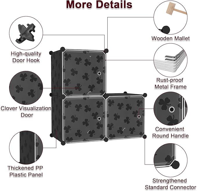 C&AHOME Cube Storage Organizer with Doors, 3-Cube Shelves, DIY Plastic Modular Bookshelf, Closet Clothes Storage Shelving Ideal for Bedroom, Living Room, Clover Embossed, Black