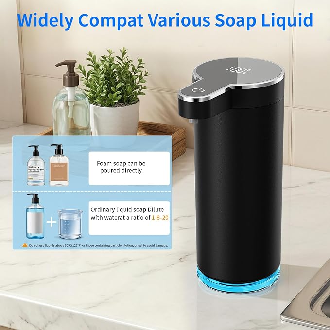 Automatic Foaming Soap Dispenser, Touchless Rechargeable Soap Dispenser for Kitchen & Bathroom, Stainless Steel, 4 Adjustable Foam Levels, USB-C, Waterproof, 12oz/350ml(Black)
