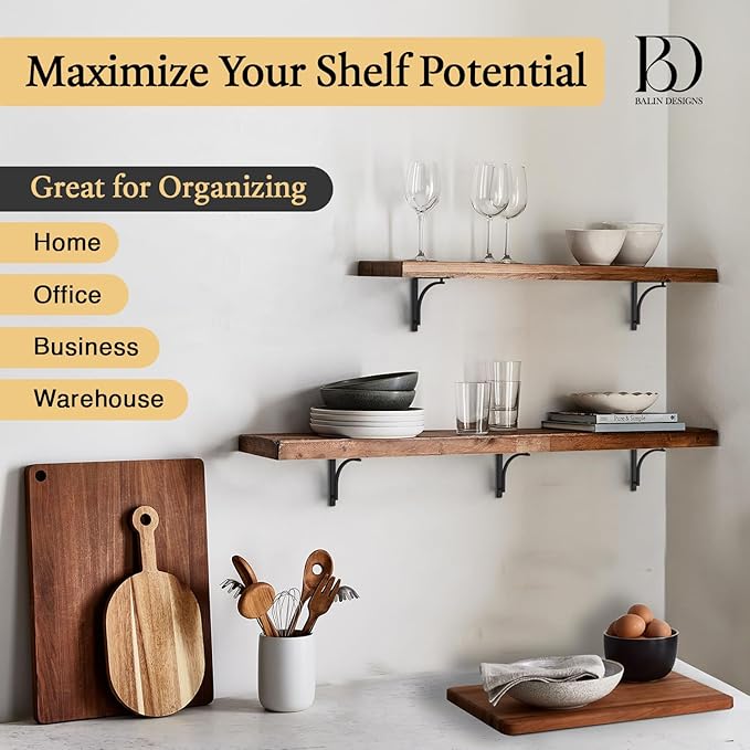 Classic Black Heavy Duty Shelf Brackets 8 inch by Balin Designs – L Bracket, Wall Mounted Support, Shelving Metal Bracket, Decorative Shelf Brackets, with Hardware Included, Set of 4