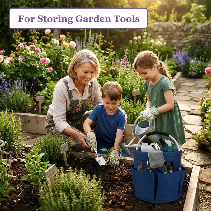 Garden Tool Organizer Tote with Non-Slip Handle – 4.5-Gallon Water-Resistant Bucket Bag with 6 Side Pockets, Portable Gardening and Outdoor Utility Bag for Yard Work, Garage, Beach & Camping
