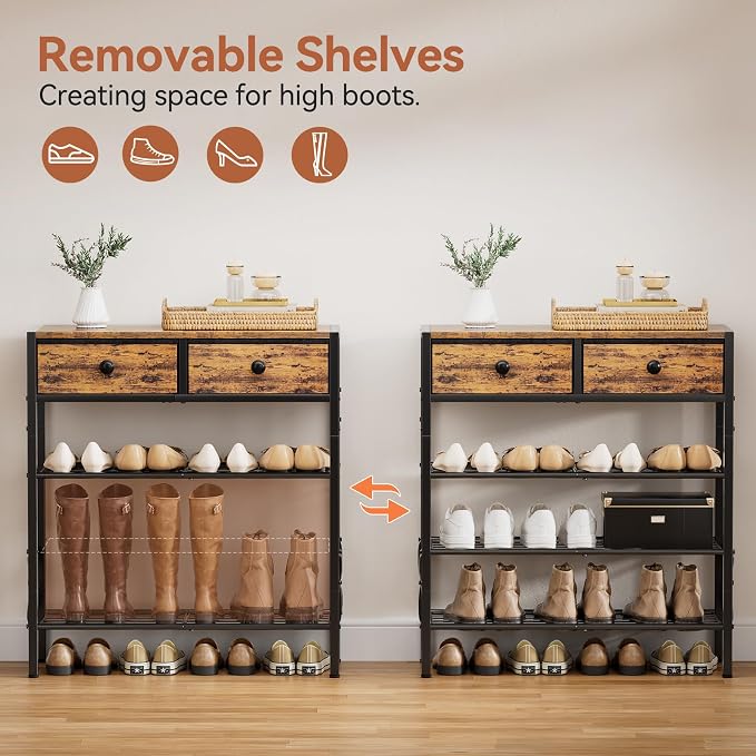 Shoe Rack for Entryway, 4 Tier Shoe Organizer with 2 Non-woven Drawers, Metal Storage Shoe Shelf for 12-16 Pairs of Shoes, with Wooden Top and Steel Frame, Shoe Stand for Closet Rustic Brown
