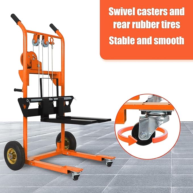 Tory Carrier Material Lift Winch Stacker, 440 lbs Capacity Pallet Stacker, 35.4" Lifting Height, Pallet Truck Dolly, Swivel Casters Lift Table Cart, Forklift with Steel Platform(Orange)