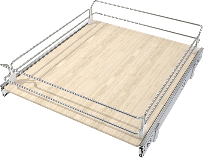 Pull Out Cabinet Organizer 19.08" W X 22" D, Wood & Chromed | Full Slide Out Drawers For Kitchen Cabinets, Cabinets Capacity Heavy Duty Caddy, Cabinet Pullout Shelves , Pantry Storage