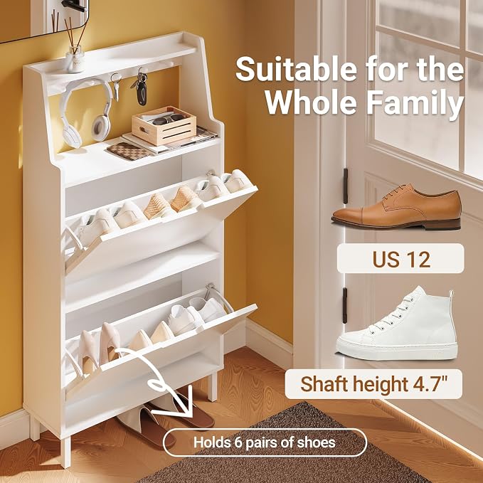 HHaotian Flip-Drawer Shoe Cabinet with Two Drawers & Open Shelves | Slim Hidden Shoe Rack Cabinet with Hook for Entryway, FSR221-W
