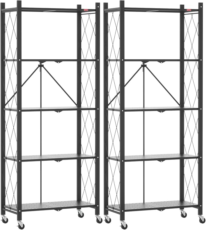 DEANIC 5-Shelf Folding Bookcase with Wheels, Heavy Duty Storage Shelves, Freestanding Metal Wire Shelving Unit for Living Room, Office, Kitchen, Basement, Pantry(Black 2 Pack)