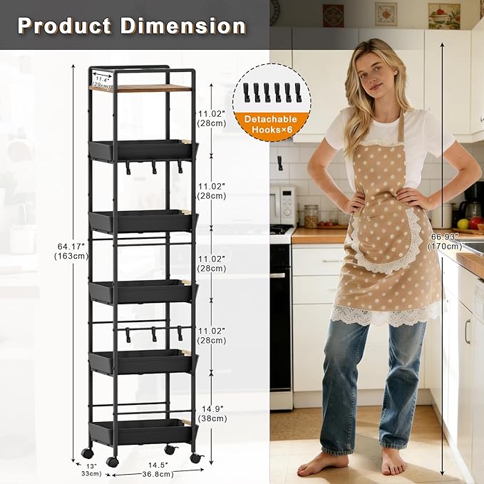 6-Tier Slim Rolling Storage Cart with Wheels, Metal Organizer Tall Rolling Cart, Wood Top Narrow Mobile Utility Cart with Pull-Out Baskets for Kitchen, Bathroom, Laundry Room, 13in(W) Black