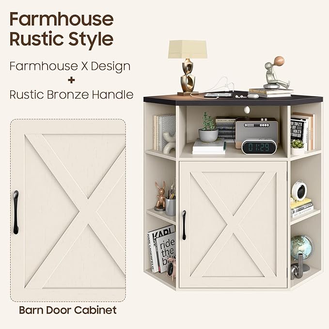 Halitaa Corner Storage Cabinet, Farmhouse Corner Bookshelf with Storage 6-Cubby Wooden Cabinet with USB Ports and Outlets Industrial Organizer for Small Space, Study, Playroom, Living Room
