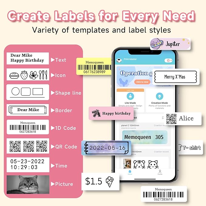 Phomemo D30 Label Maker Machine with Tape 3 Roll Adhesive Label, Bluetooth Mini Label Printer Thermal Wireless Small Labeler Machine for Home, Office Organization,Pink