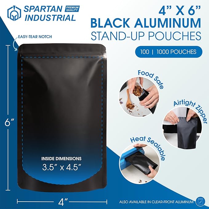 Spartan Industrial 4" X 6" Matte Black Stand-Up Pouches - 1000 Count Smell-Proof Mylar Bags for Food Storage With Heat Sealable Opening and Resealable Zipper