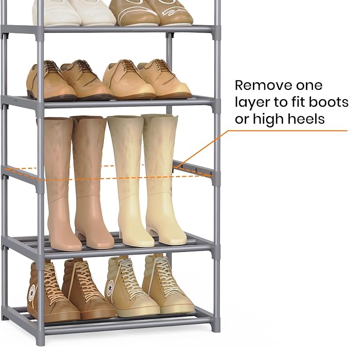 10 Tiers Tall Shoe Rack Narrow 20-24 Pairs Shoe Rack for Closet Entryway Vertical Metal Shoe Rack Organizer Shoe and Boots Organizer Storage Sturdy Shoe Shelf Shoe Stand Gray