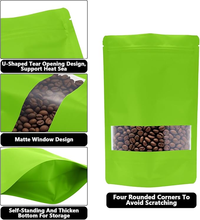 100PCS Foil Pouch Mylar Bags with Clear Window,ULIFESTAR Stand Up Sealable Bags with Tear Notches,Resealable for Food,Party Favors,Gift Packaging and Small Business(14 * 20cm/5.51 * 7.87",Green)