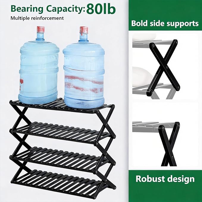 3 Tier Bamboo Shoe Rack Black,Portable Folding Shoe Storage Rack,Without Installation Small Shoe Rack Perfect for Corridors, Drom, Bedrooms and Small Spaces