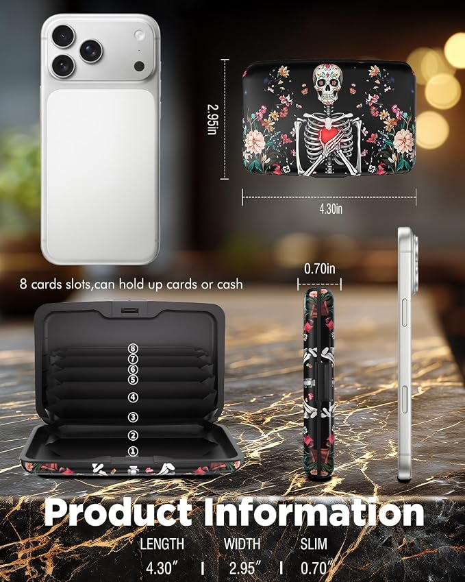 Maicican RFID Blocking Aluminum Credit Card Holder | Slim Metal Wallet for Women & Men, Business Card Case for Travel, Fits Front Pocket, Card holder wallet - Flower Skull