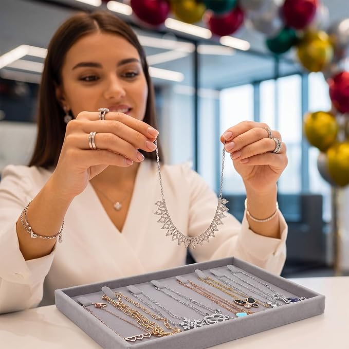 Tondiamo 16 Pcs Velvet Jewelry Drawer Organizer Trays Bulk 8.39 x 4.88 x 0.94 Inch Grey Stackable Jewelry Storage Inserts Set Tray Set with Removable Divider for Earrings Necklaces Bracelets
