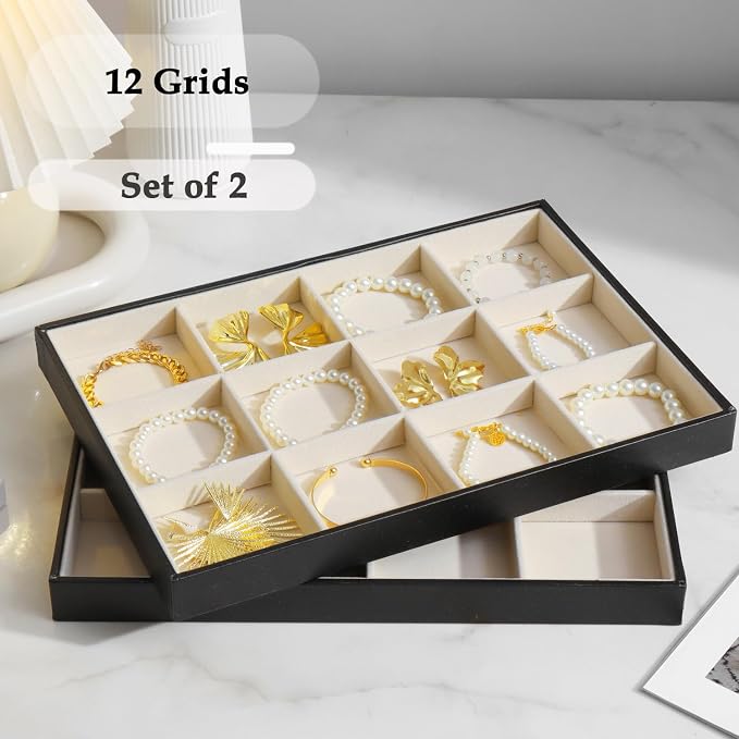 Large Jewelry Organizer Tray 2 Pack, Stackable Jewelry Storage Holder for Drawer Inserts, PU Leather Velvet Jewellery Display Case for Earring Bracelet Necklace Ring (Black Beige, 12 Grids)