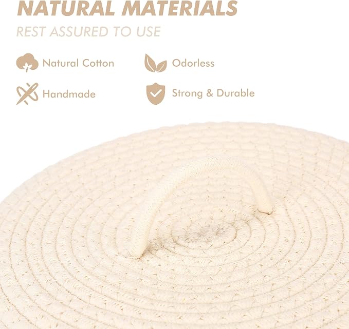 Sea Team Round Cotton Rope Storage Basket with Lid, Lidded Woven Storage Bin, Nursery Storage Container, Diaper Caddy, Baby Shower Basket, Box, Organizer, 11.8 x 11.8 x 6.7 Inches (Medium, Cream)