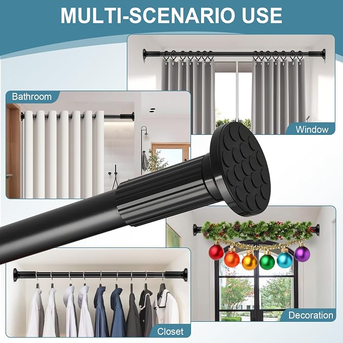 ZOCONE Tension Curtain Rod 51-168 In(4.25-14 Ft), Outdoor Curtain Rod No Drilling for Patio Window, Adjustable Shower Curtain Rod for Bathroom, Extra Long Tension Rod Diameter 1.26In Never Rust, Black