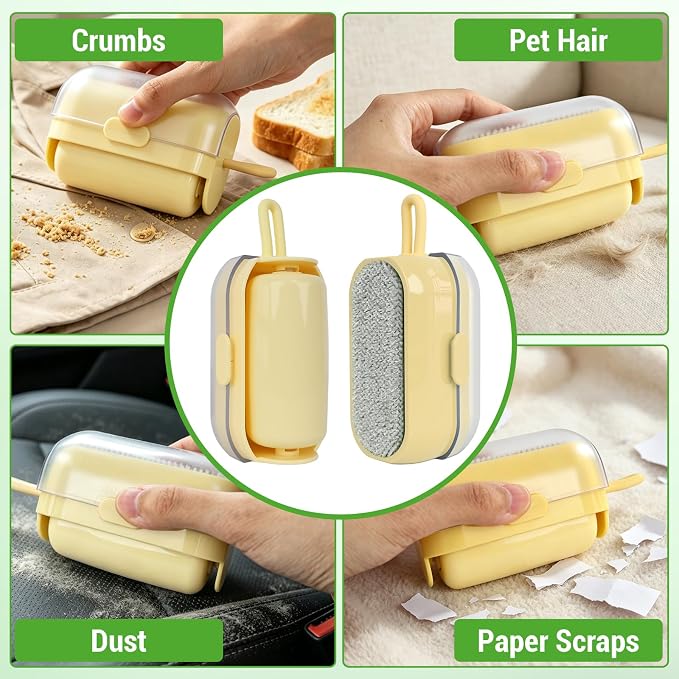 Mini Lint Brush/Roller, 2-in-1 Lint Remover, Yellow | Washable, Reusable Lint Roller, Portable Travel Size, For Pet Hair, Clothes, Carpet, Car, Includes Cleaning Brush