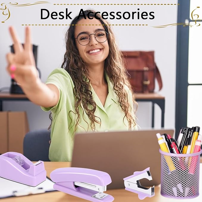 Office Supplies Set,Desk Accessories,Stapler And Tape Dispenser Set,Pen Holder,1000 Staples,Staple Remover,Hinder Clips,Ruler,Scissor,Index Tabs,Clear Tape,Ballpoint Pen,Sticky Notes,Coworkers(Purple)