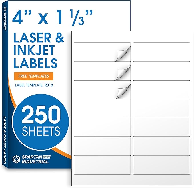 4" X 1.33" Matte White Printable Address Labels (250 Sheets, 3500 Stickers) Mailing Labels for Envelopes, File Folder Stickers for Laser & Inkjet Printers - Spartan Industrial Template R018
