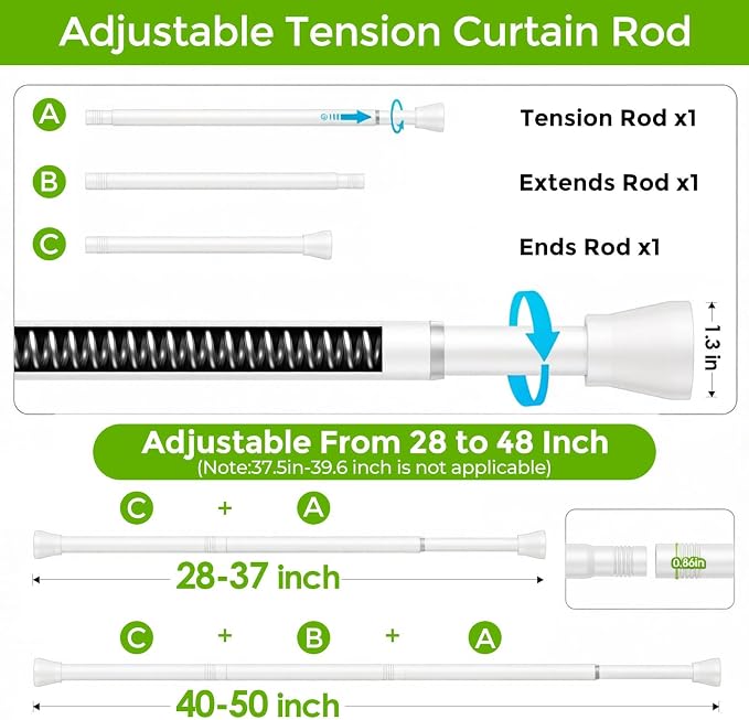 2 Pack Spring Tension Rod 28-48 Inches No Drilling Adjustable White Spring Loaded Curtain Rod Expandable Extra Long Tension Curtain Rod for Windows,Kitchen,Doorway
