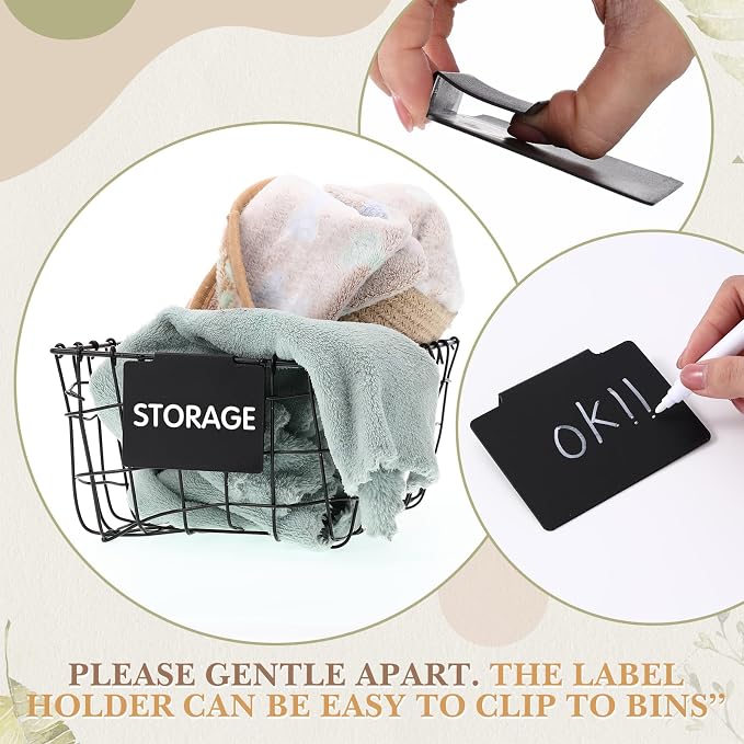 Siifert 50 Pcs Basket Labels Clip Set for Storage Bins - Include 48 Removable PVC Bin Label Holders with 2 Chalk Markers for Kitchen Pantry Organization Labeling Box Shelf (Black)