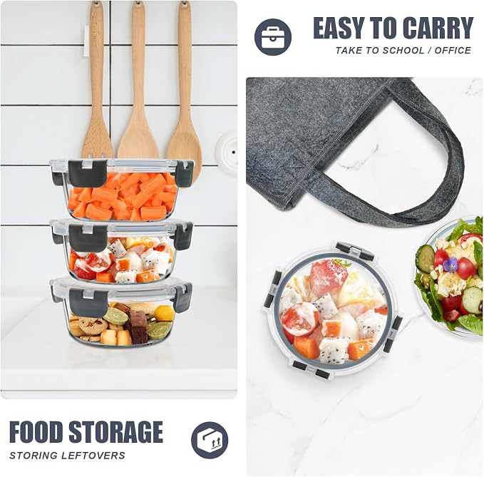 6 Pack 13oz Small Round Glass Meal Prep Containers with Airtight Lids | Perfect for Small Portions, Glass Food Storage Containers with Snap Lids, Freezer to Microwave Safe, Dishwasher Safe