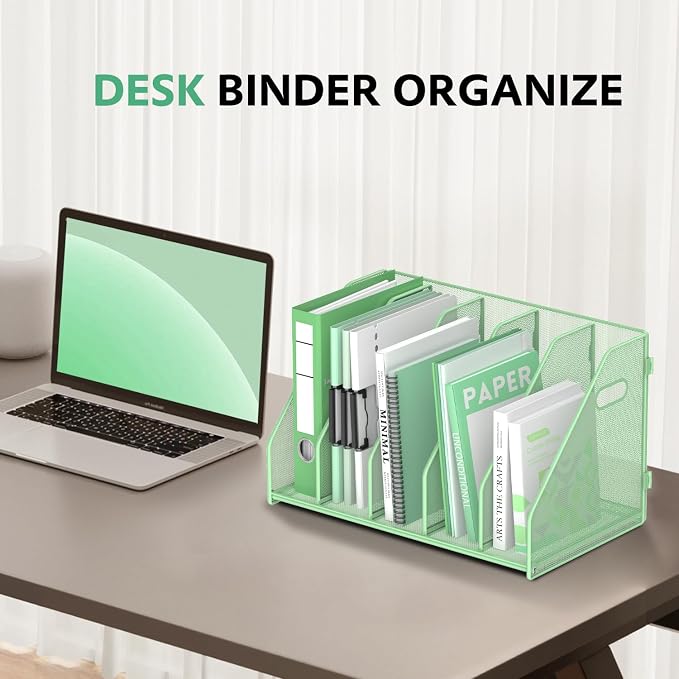 SUPEASY Binder Organizer, Magazine File Holder with 5 Vertical Compartments Rack, Metal Desk File Organizer & Binder Holders, Magazine Organizers for Office Desktop, Home, School (Green)