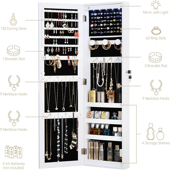 Full Length Mirror Jewelry Cabinet Organizer Lockable Door Wall-Mounted Jewelry Armoire with Shelves and Behind-the-Door Storage - White