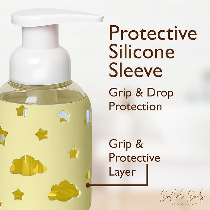SoCal Suds & Company Foaming Hand Soap Dispenser Glass, Liquid Soap Pump with Cloud & Star Sleeve, Refillable Bottle for Kids, Baby Wash & Shampoo, Ideal for Bathroom & Kitchen Use, Light Yellow, 8oz
