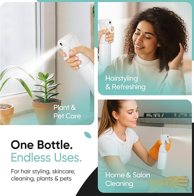 Aquableu Spray Bottle for Hair – Continuous Mist Spray Bottle for Hair Care, Styling, Cleaning, Plants, Pets & Essential Oils (White, 6.76oz/200ml)