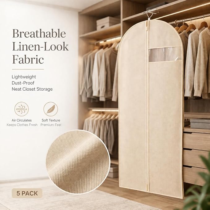 Garment Bags for Hanging Clothes, 5 Pack Non-Woven Clothes Covers | Breathable Closet Storage Bags with Clear Window, Dust Covers for Suits, Coats, Dresses, Jackets and Shirts, Beige