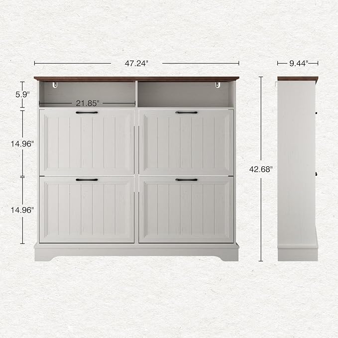 Shoe Storage Cabinet with 4 Flip Drawers, Farmhouse Modern Hidden Shoes Rack Cabinet with Adjustable Shelves & Open Storage, Narrow Slim Shoe Organizer for Front Door Entrance, Entryway, Antique White