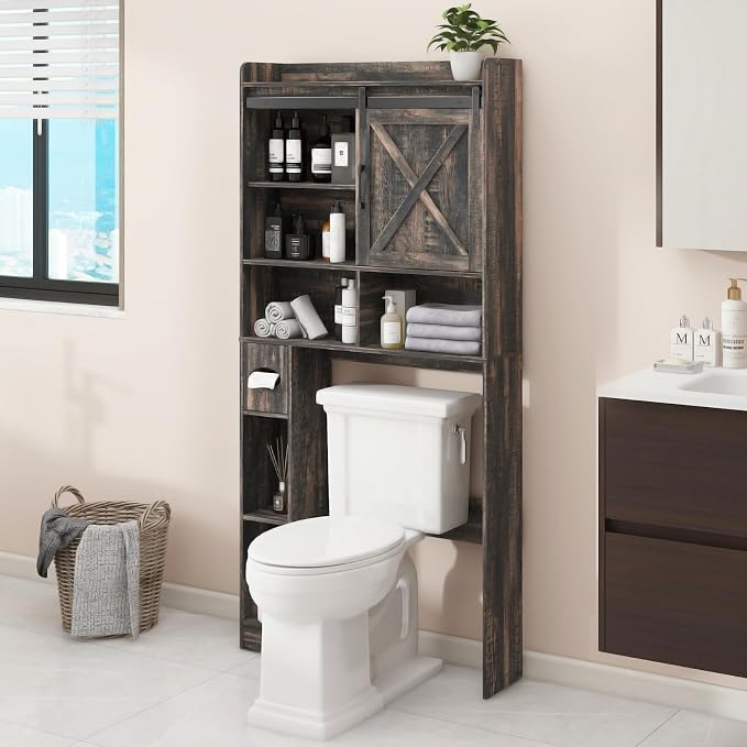 Vabches Over The Toilet Storage Cabinet with Sliding Barn Door. Dark Grey | Farmhouse Storage Cabinet with Toilet Paper Holder Stand, Home Space-Saving Toilet Rack, for Bathroom, Restroom, Laundry
