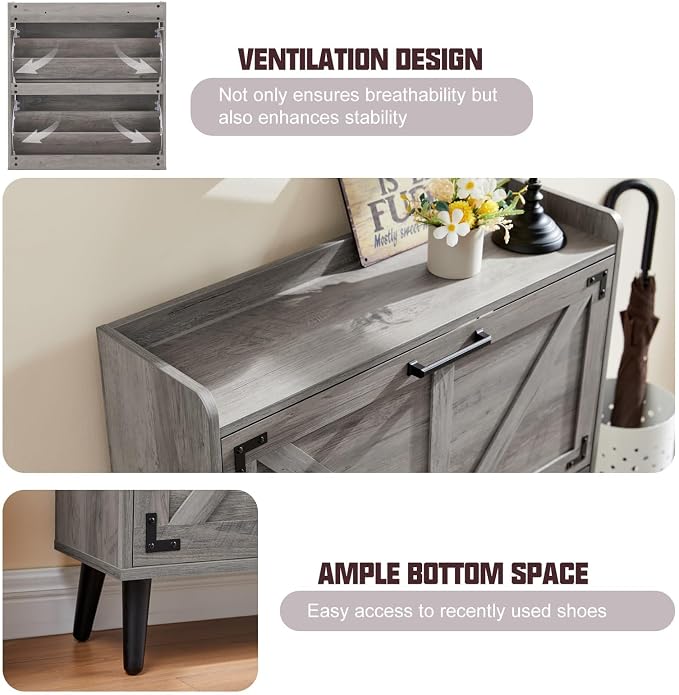 Barnyatoh Shoe Storage Cabinet with 2 Flip Drawers, Farmhouse Hidden Shoe Organizer, Narrow Slim Shoe Rack Cabinet for Entryway Hallway,Washed Gray